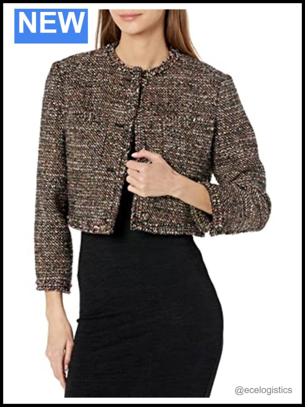 Cropped Tweed Jacket Fringe Trim Patch Pockets Long Sleeve